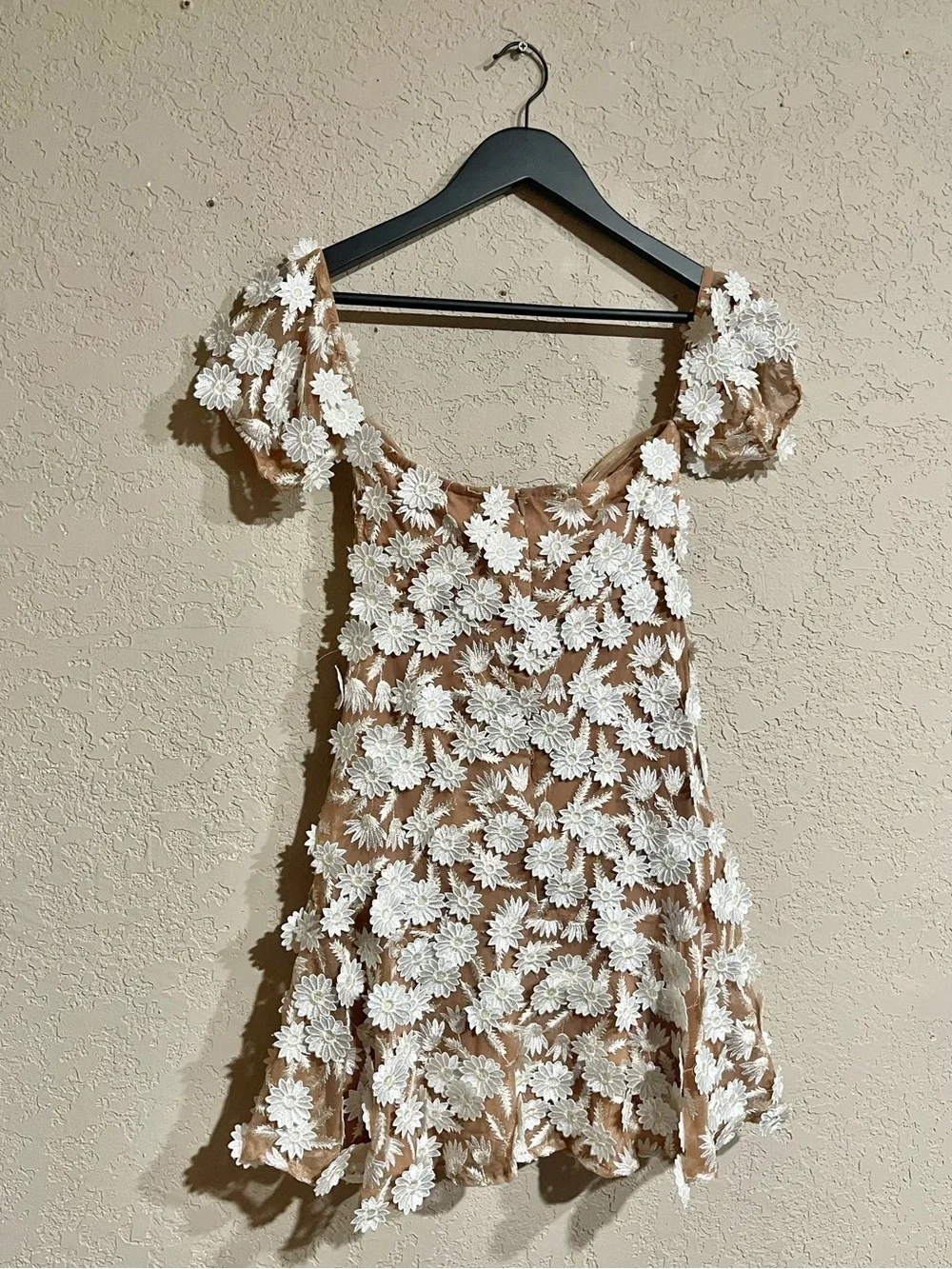 For Love & Lemons | 3D Floral Nude Mesh Off Shoulder Mini Dress - Picture 8 of 8